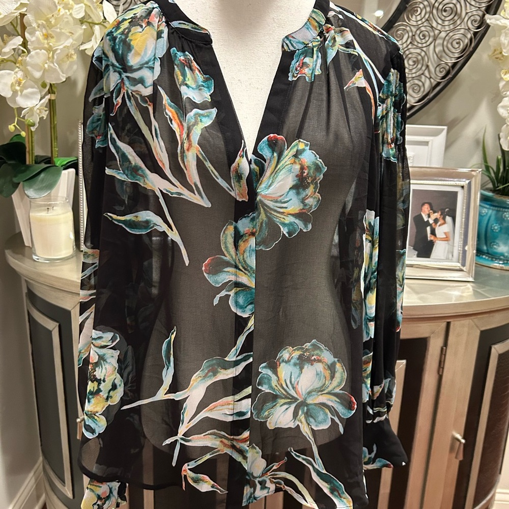 Chico's Black Blouse with Teal and Cream Floral Accents